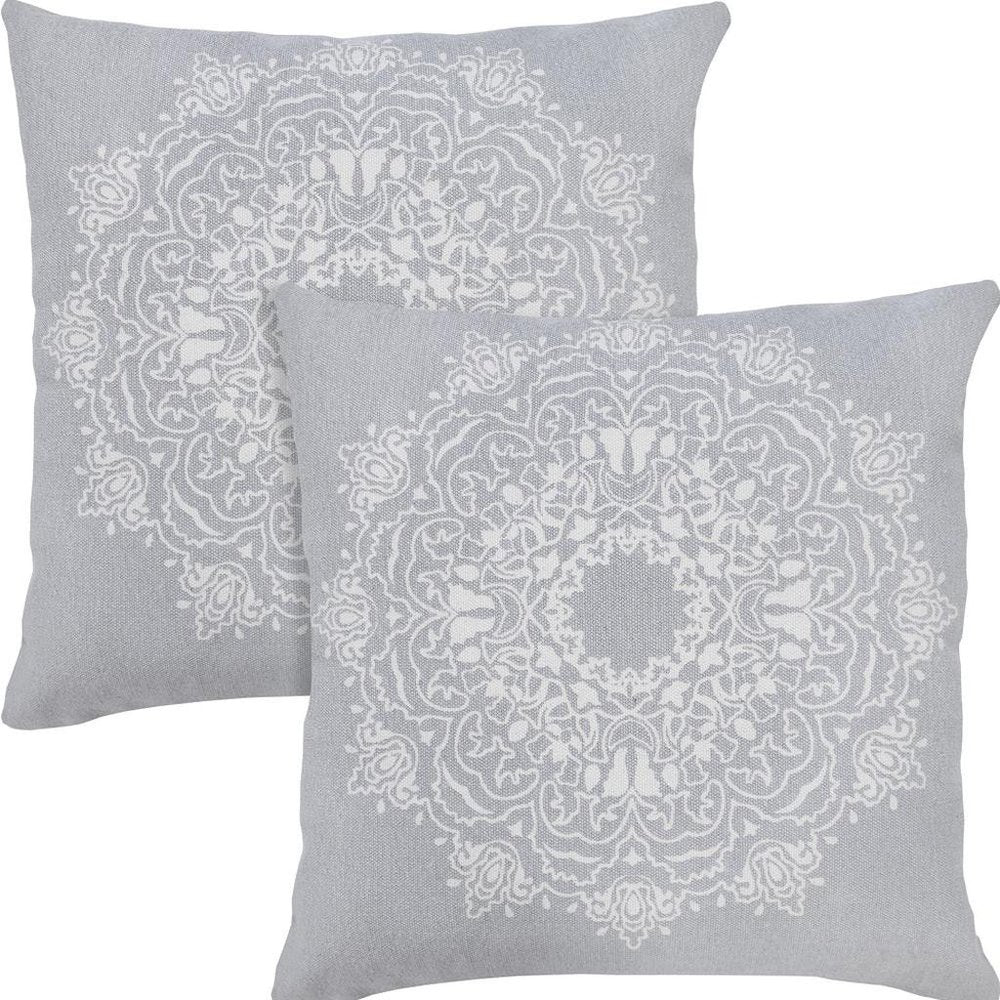 Set of Two 20" Gray And Off White Medallion Cotton Throw Pillows