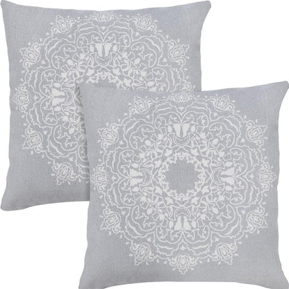 Set of Two 20" Gray And Off White Medallion Cotton Throw Pillows