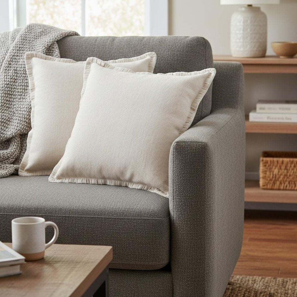 Set of Two 20" Tan And Beige Cotton Throw Pillows — view 9