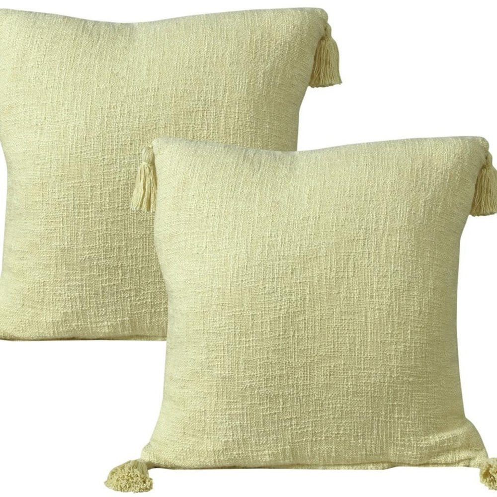 Set of Two 20" Yellow Cotton Throw Pillows with Tassels