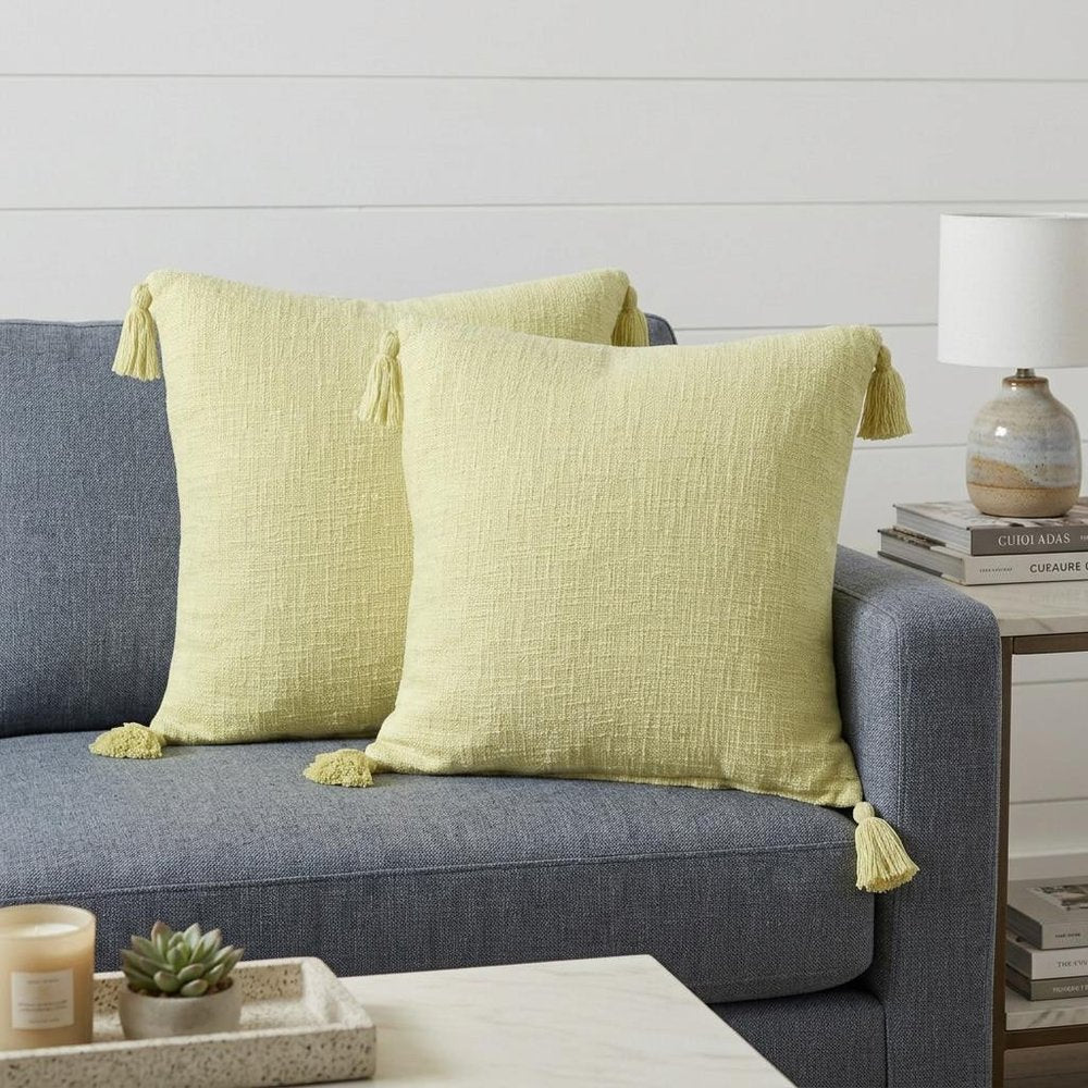 Set of Two 20" Yellow Cotton Throw Pillows with Tassels — view 9