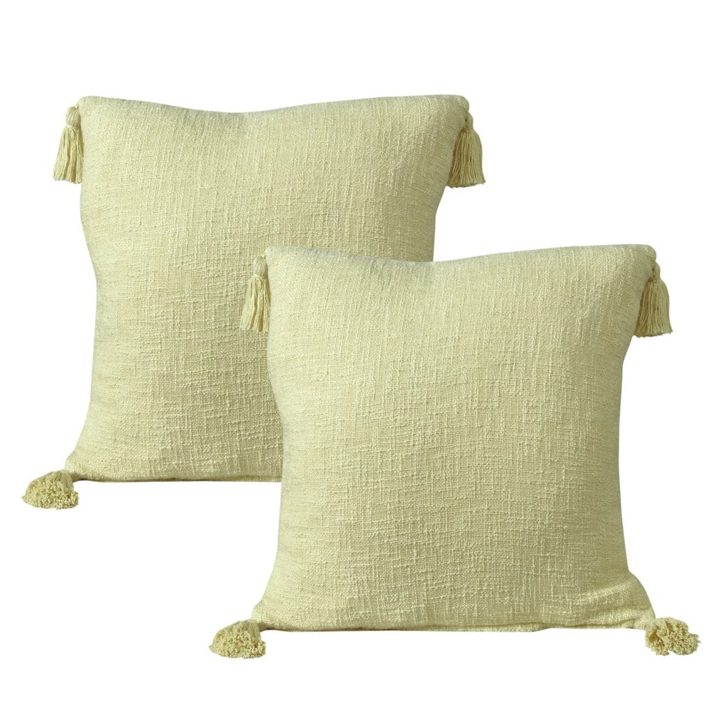 Set of Two 20" Yellow Cotton Throw Pillows with Tassels