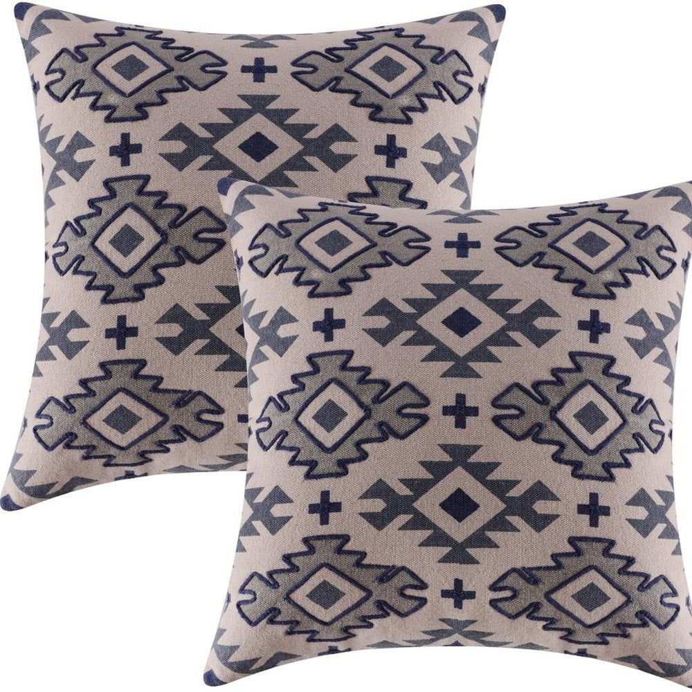 Set of Two 20" Blue And Gray Geometric Cotton Throw Pillows — view 2