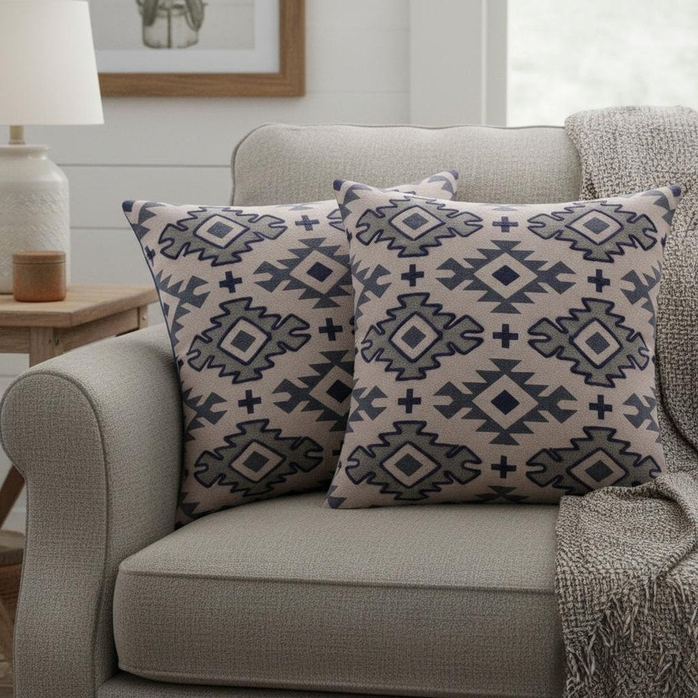 Set of Two 20" Blue And Gray Geometric Cotton Throw Pillows — view 4