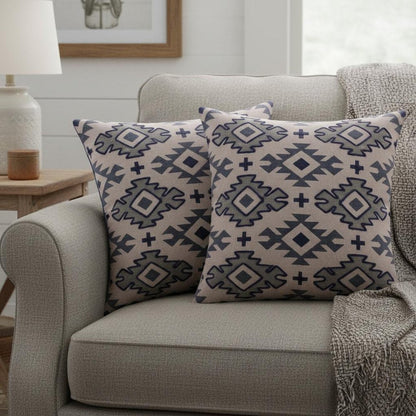 Set of Two 20" Blue And Gray Geometric Cotton Throw Pillows
