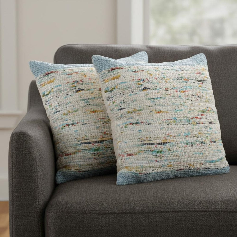 Set of Two 20" Blue And Ivory Color Block Cotton Throw Pillows — view 11