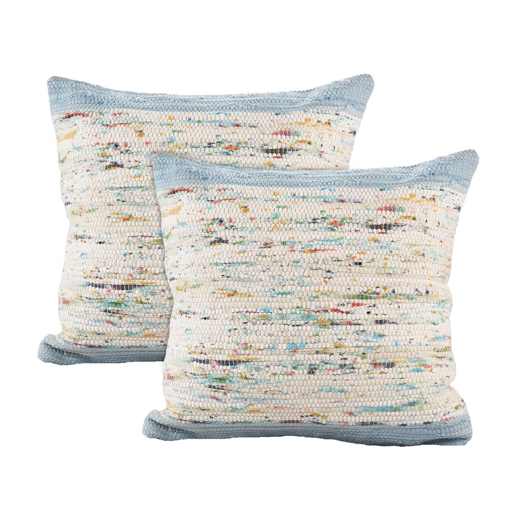 Set of Two 20" Blue And Ivory Color Block Cotton Throw Pillows — view 1