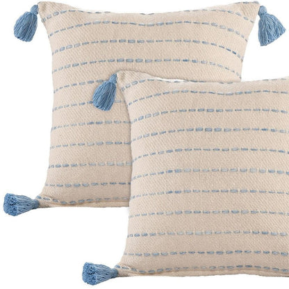 Set of Two 20" Blue And Cream Striped Cotton Blend Throw Pillows with Tassels