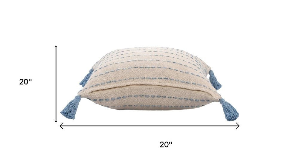 Set of Two 20" Blue And Cream Striped Cotton Blend Throw Pillows with Tassels — view 8