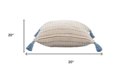 Set of Two 20" Blue And Cream Striped Cotton Blend Throw Pillows with Tassels
