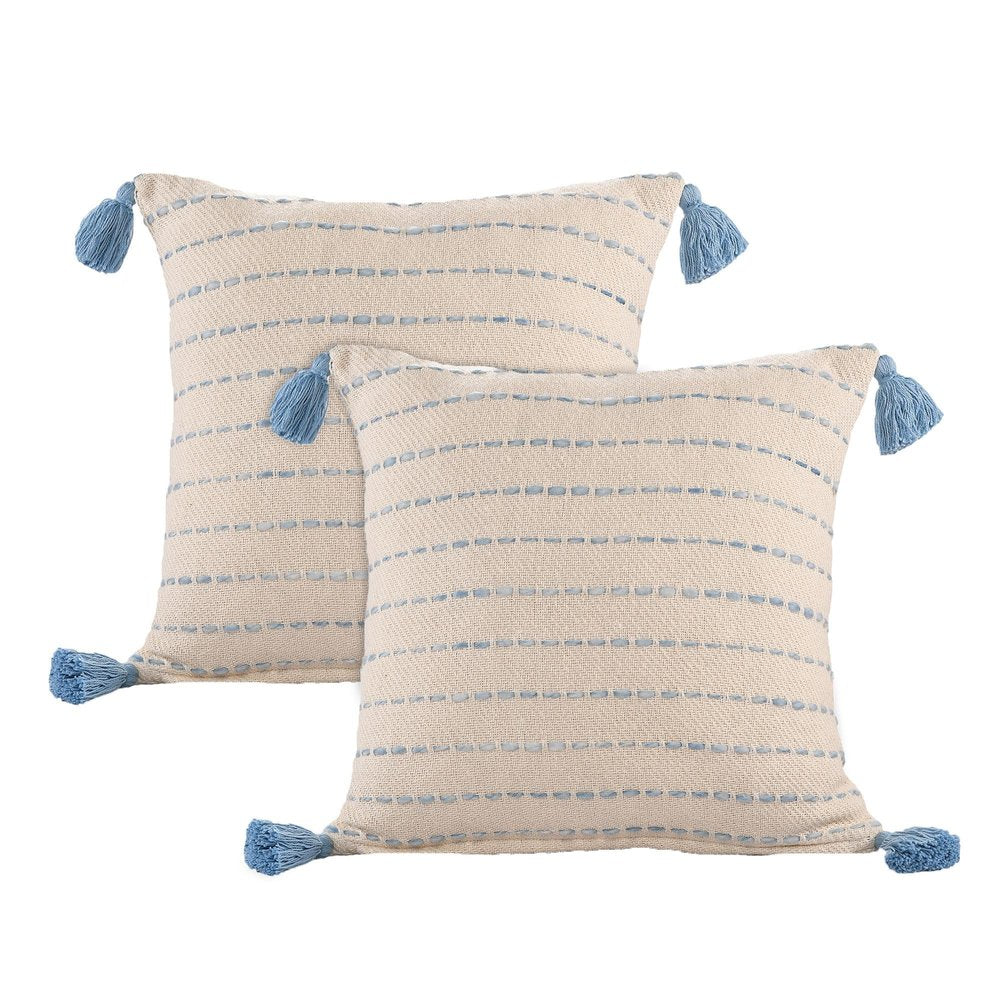 Set of Two 20" Blue And Cream Striped Cotton Blend Throw Pillows with Tassels — view 1