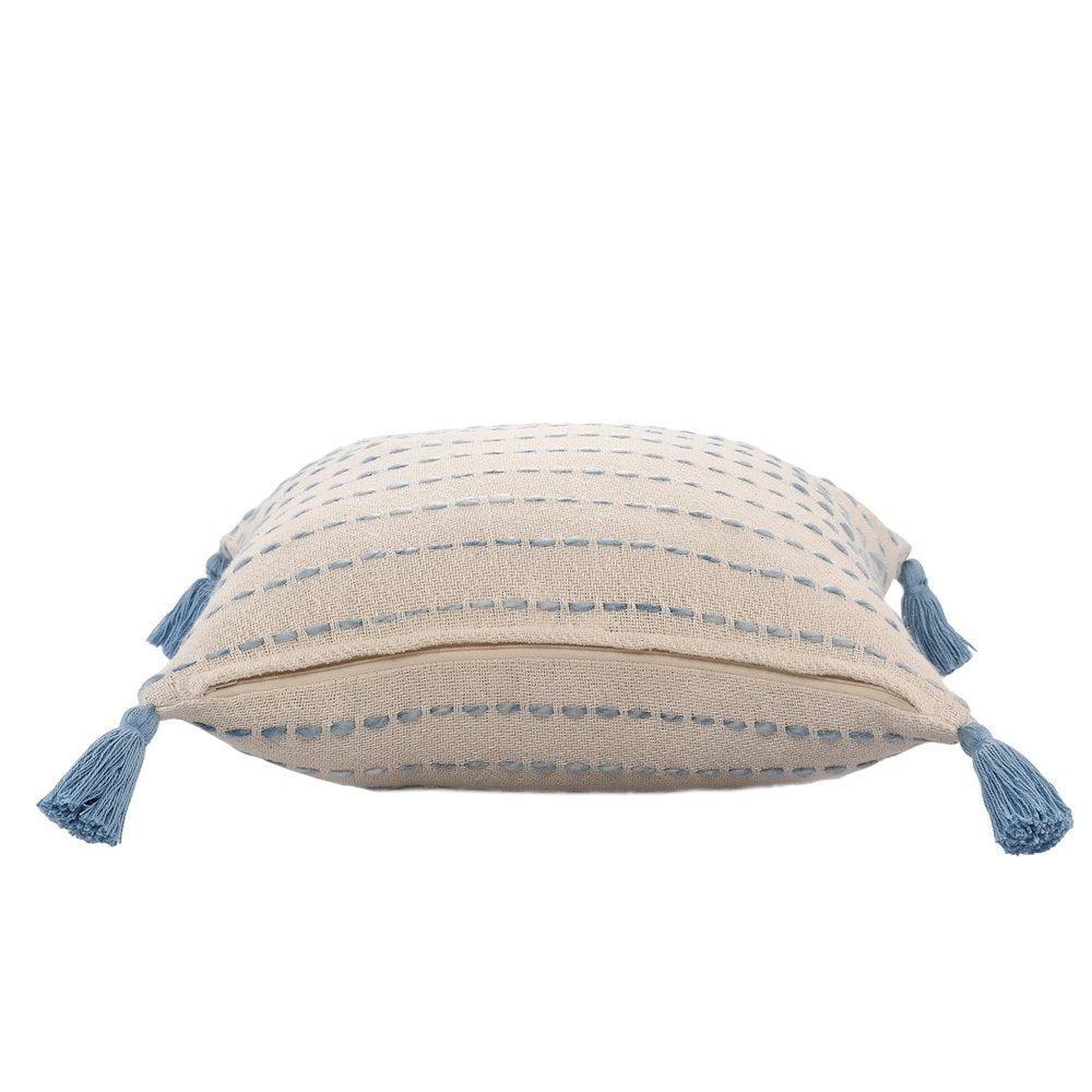Set of Two 20" Blue And Cream Striped Cotton Blend Throw Pillows with Tassels