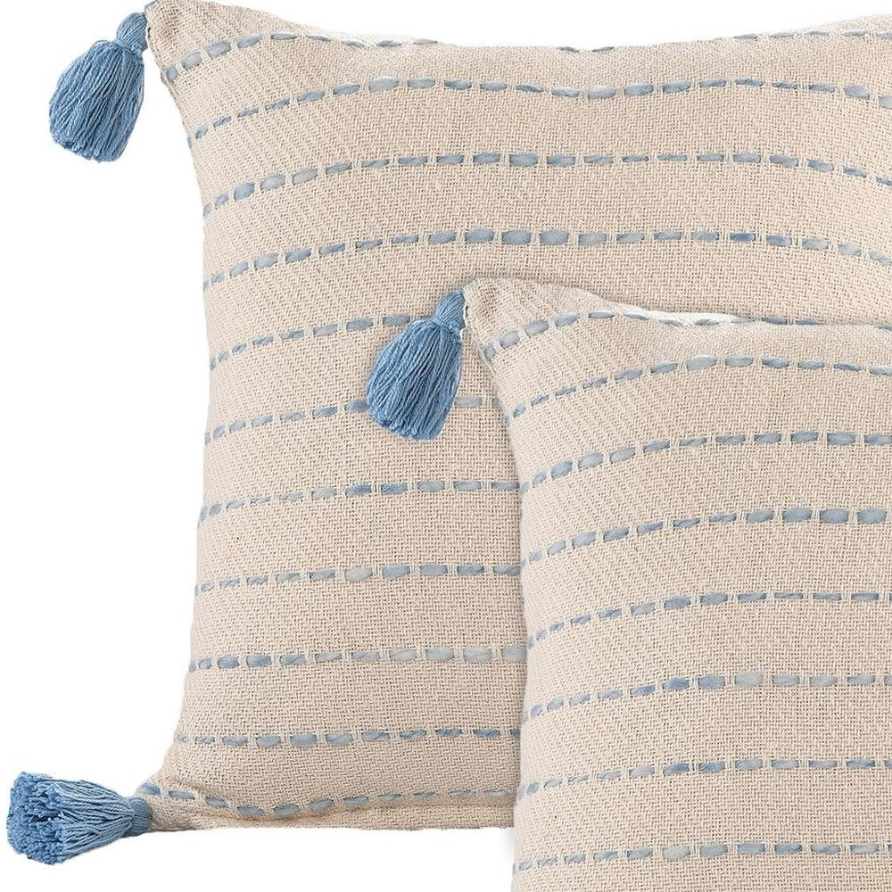 Set of Two 20" Blue And Cream Striped Cotton Blend Throw Pillows with Tassels — view 6