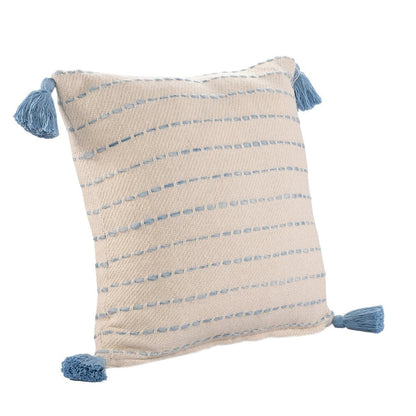 Set of Two 20" Blue And Cream Striped Cotton Blend Throw Pillows with Tassels