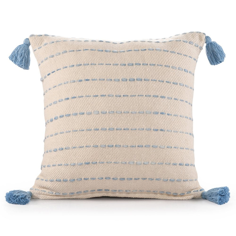Set of Two 20" Blue And Cream Striped Cotton Blend Throw Pillows with Tassels