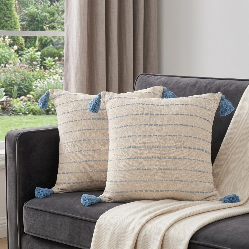 Set of Two 20" Blue And Cream Striped Cotton Blend Throw Pillows with Tassels — view 9