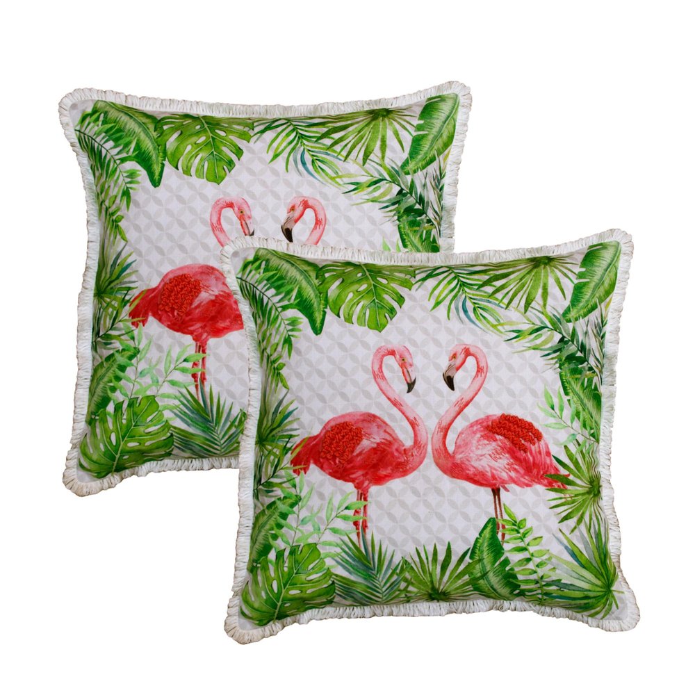 Set of Two 20" Light Green And Light Pink Flamingo Throw Pillows