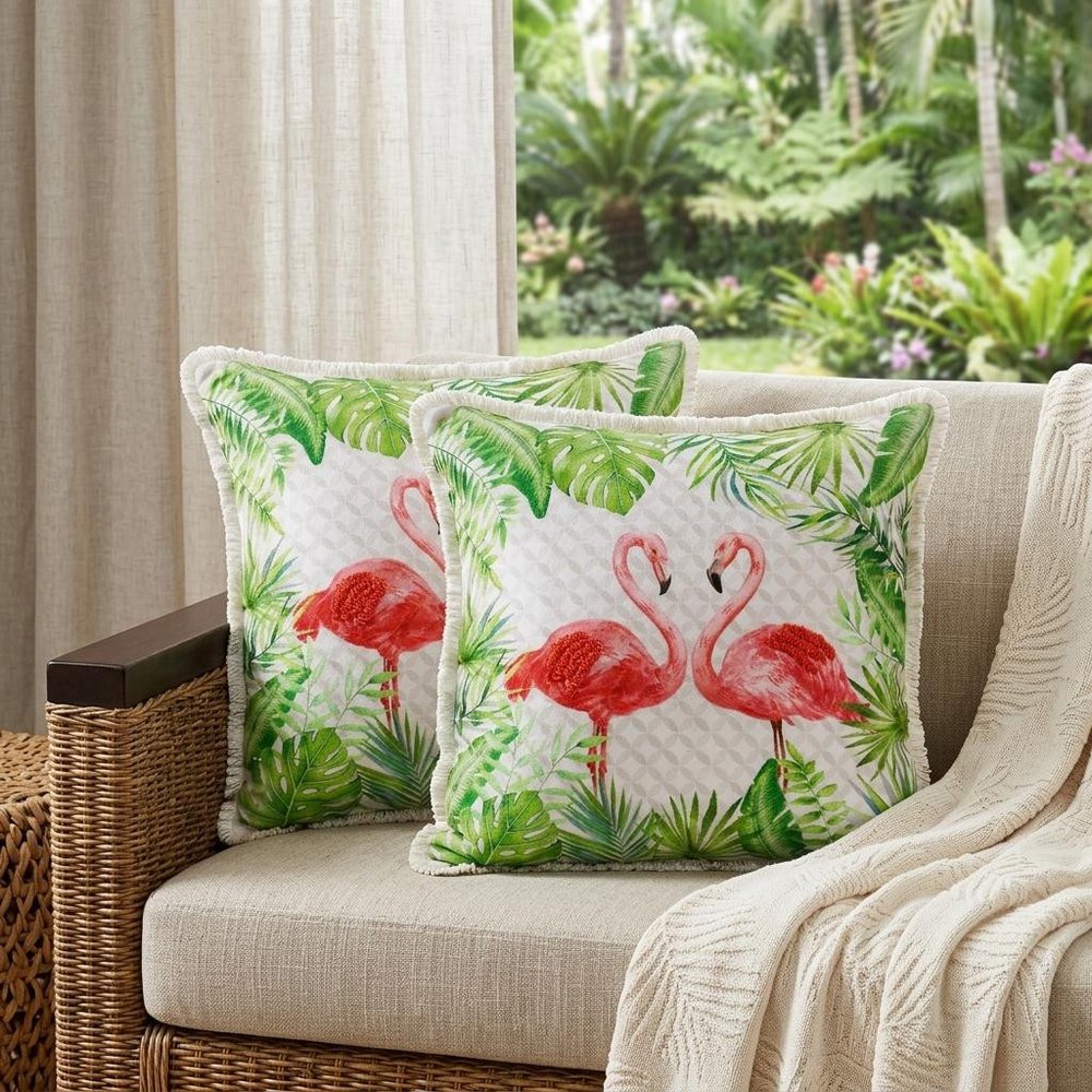 Set of Two 20" Light Green And Light Pink Flamingo Throw Pillows — view 4