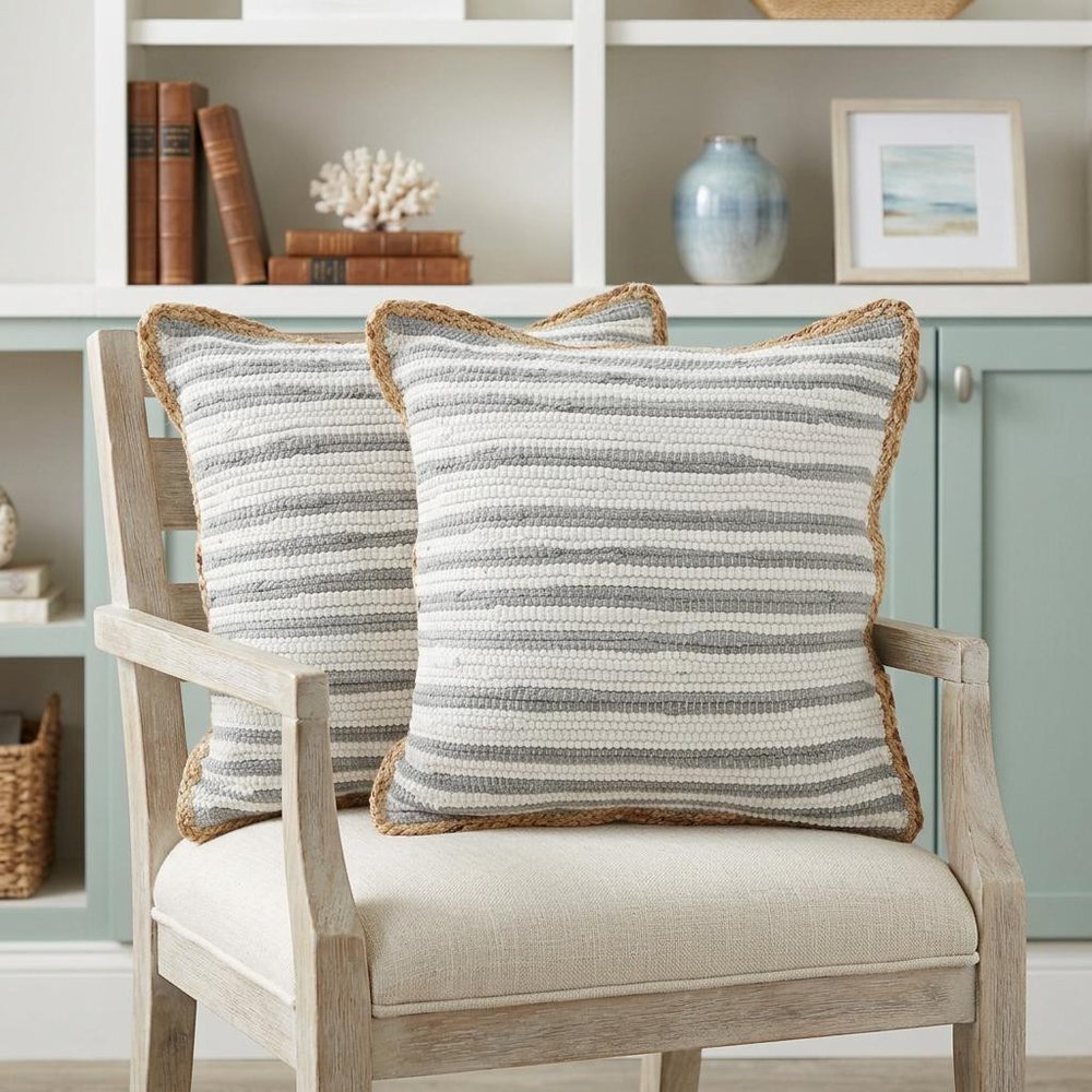 Set of Two 18" Gray And Off White Striped Cotton Blend Throw Pillows with Texture