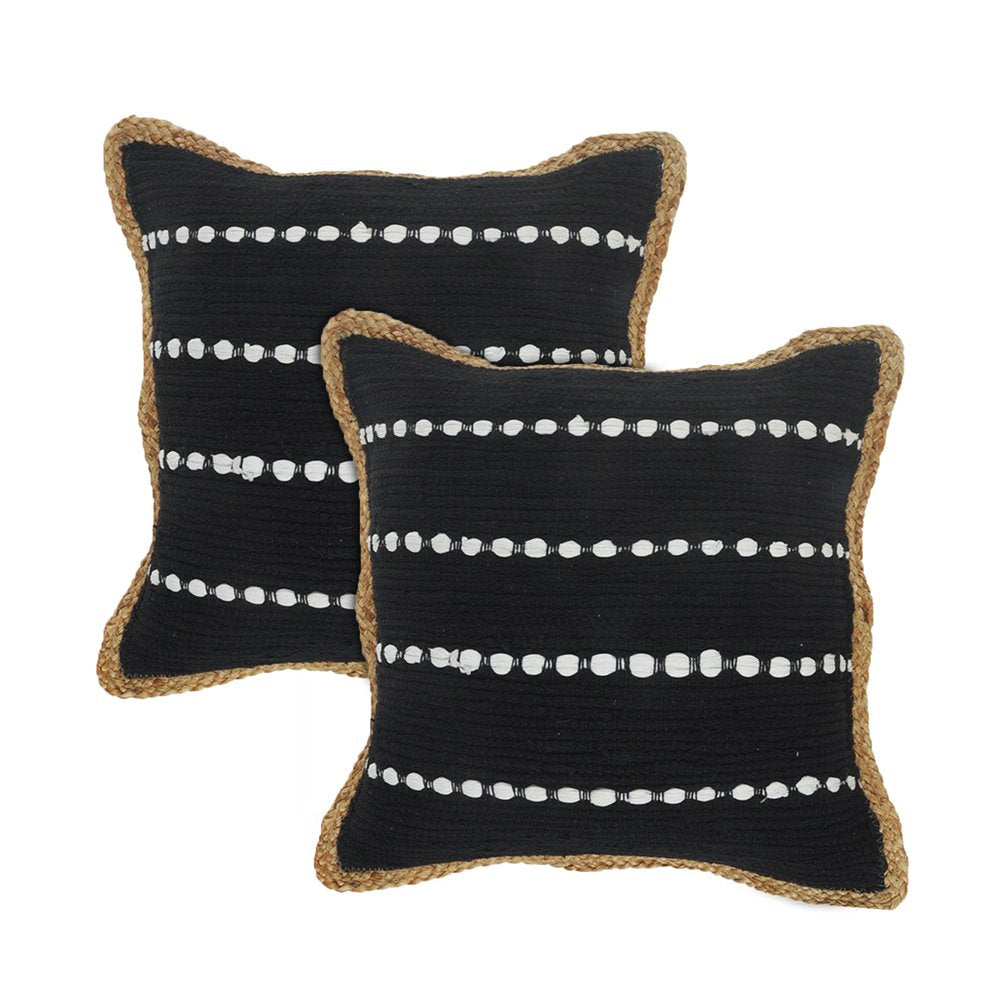 Set of Two 18" Black And White Striped Cotton Blend Throw Pillows with Texture — view 1