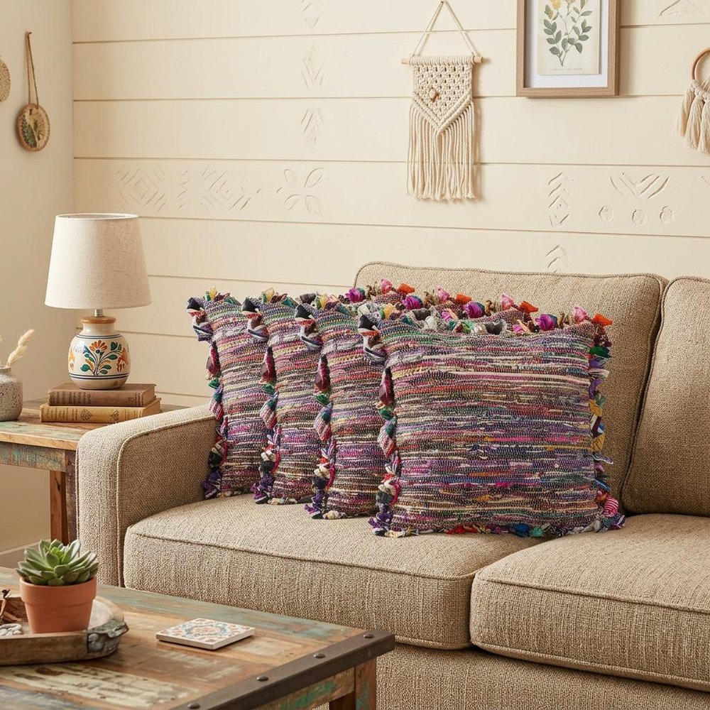 Set of Four 26" Blue And Pink Striped Rayon Throw Pillows with Fringe And Texture — view 9