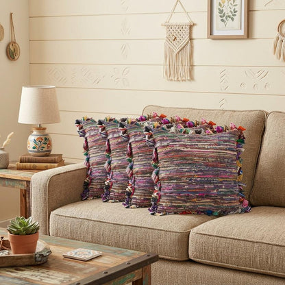 Set of Four 26" Blue And Pink Striped Rayon Throw Pillows with Fringe And Texture HomeRoots