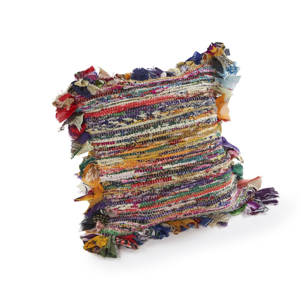 Set of Four 26" Blue And Pink Striped Rayon Throw Pillows with Fringe And Texture — view 2