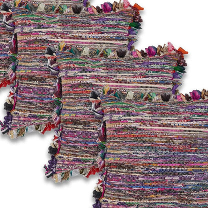 Set of Four 26" Blue And Pink Striped Rayon Throw Pillows with Fringe And Texture