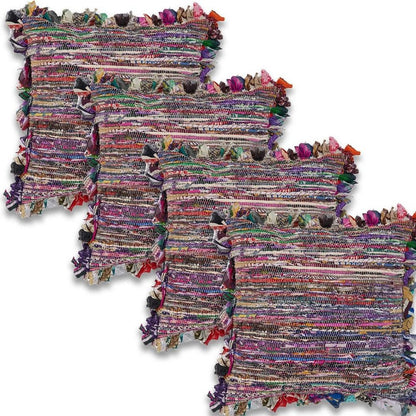Set of Four 26" Blue And Pink Striped Rayon Throw Pillows with Fringe And Texture HomeRoots
