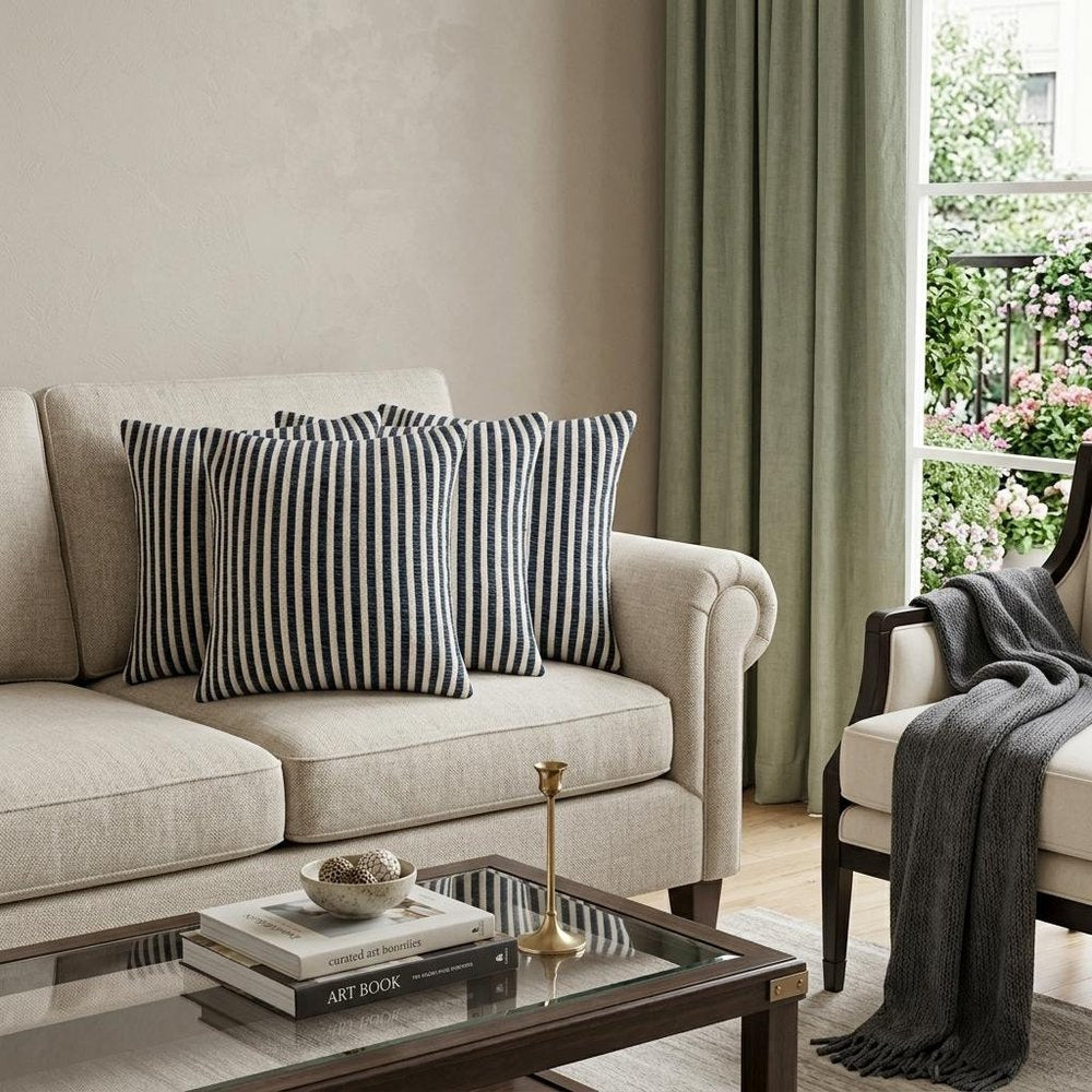 Set of Four 22" Blue And White Striped Cotton Throw Pillows — view 6