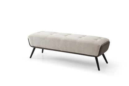 58" Beige Dark Gray and Black Tufted Faux Leather Fabric and Steel Upholstered Bench HomeRoots