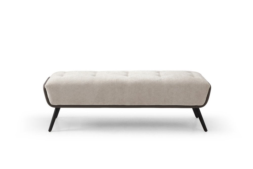 58" Beige Dark Gray and Black Tufted Faux Leather Fabric and Steel Upholstered Bench HomeRoots