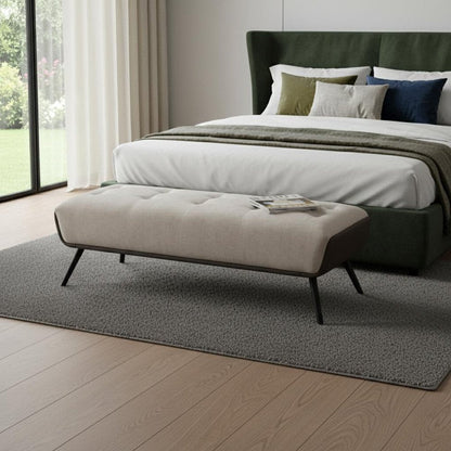 58" Beige Dark Gray and Black Tufted Faux Leather Fabric and Steel Upholstered Bench HomeRoots