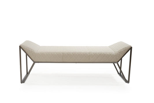 63" Cream and Gray Quilted Faux Leather and Steel Upholstered Bench HomeRoots