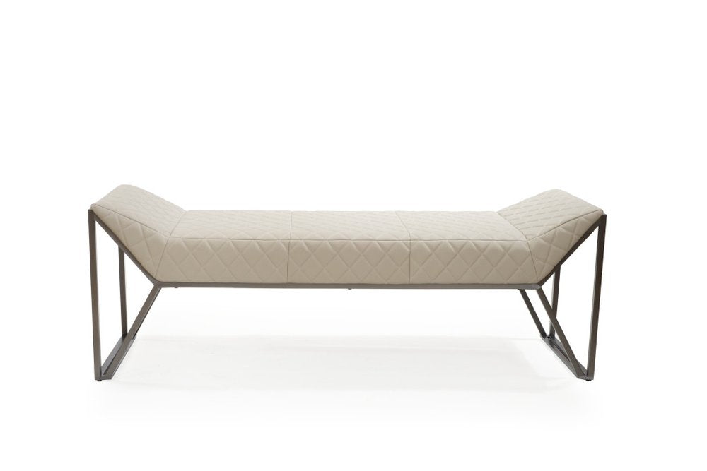 63" Cream and Gray Quilted Faux Leather and Steel Upholstered Bench HomeRoots