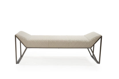 63" Cream and Gray Quilted Faux Leather and Steel Upholstered Bench HomeRoots