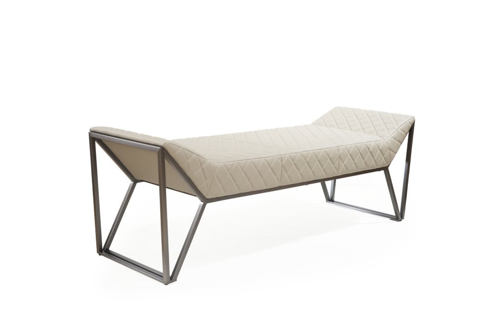 63" Cream and Gray Quilted Faux Leather and Steel Upholstered Bench HomeRoots
