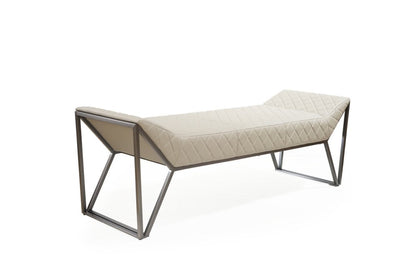 63" Cream and Gray Quilted Faux Leather and Steel Upholstered Bench HomeRoots
