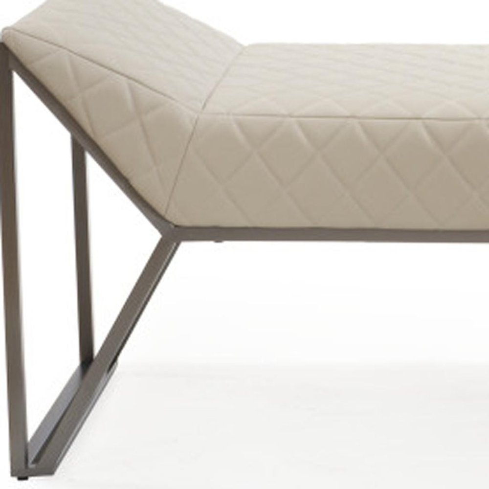 63" Cream and Gray Quilted Faux Leather and Steel Upholstered Bench HomeRoots