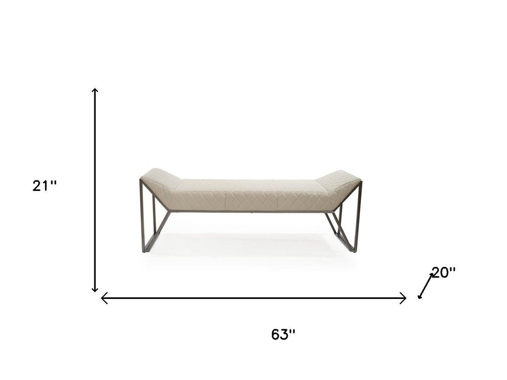 63" Cream and Gray Quilted Faux Leather and Steel Upholstered Bench HomeRoots