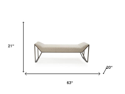 63" Cream and Gray Quilted Faux Leather and Steel Upholstered Bench HomeRoots