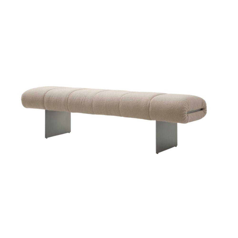 63" Beige and Nickel Boucle and Steel Upholstered Bench HomeRoots