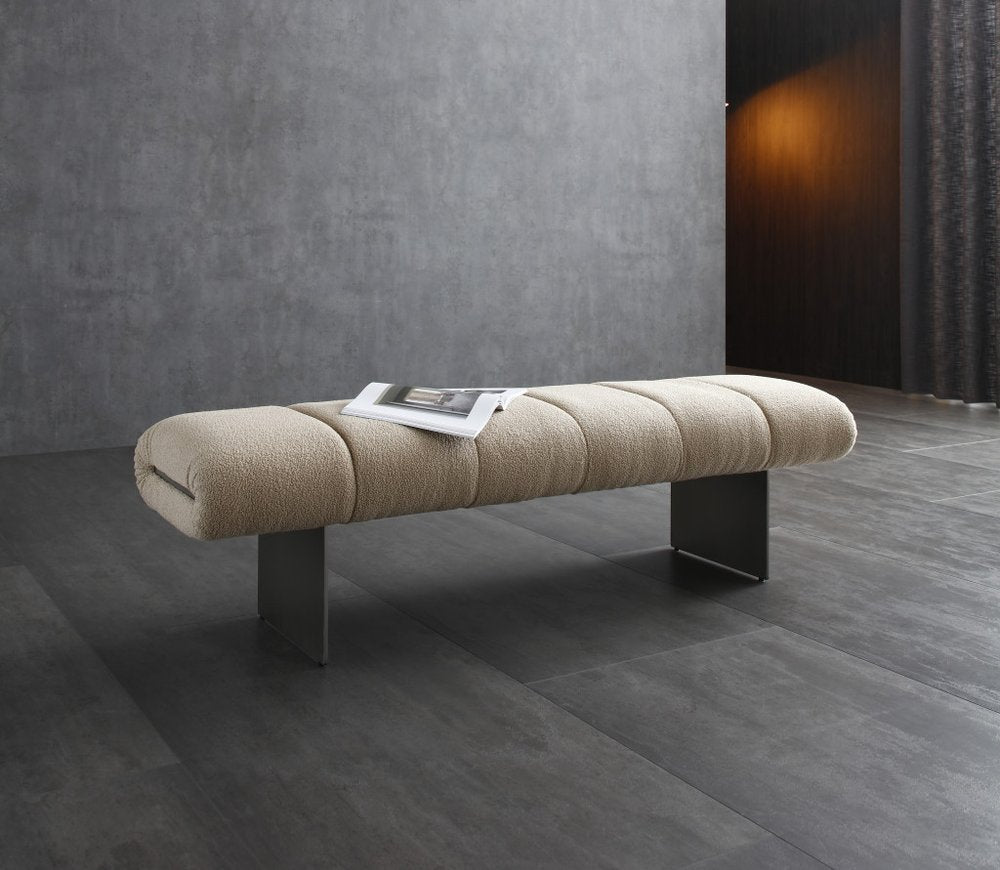 63" Beige and Nickel Boucle and Steel Upholstered Bench HomeRoots