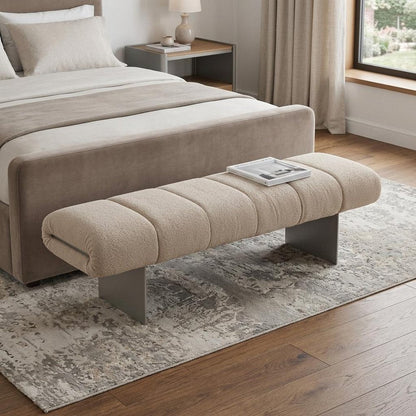 63" Beige and Nickel Boucle and Steel Upholstered Bench HomeRoots