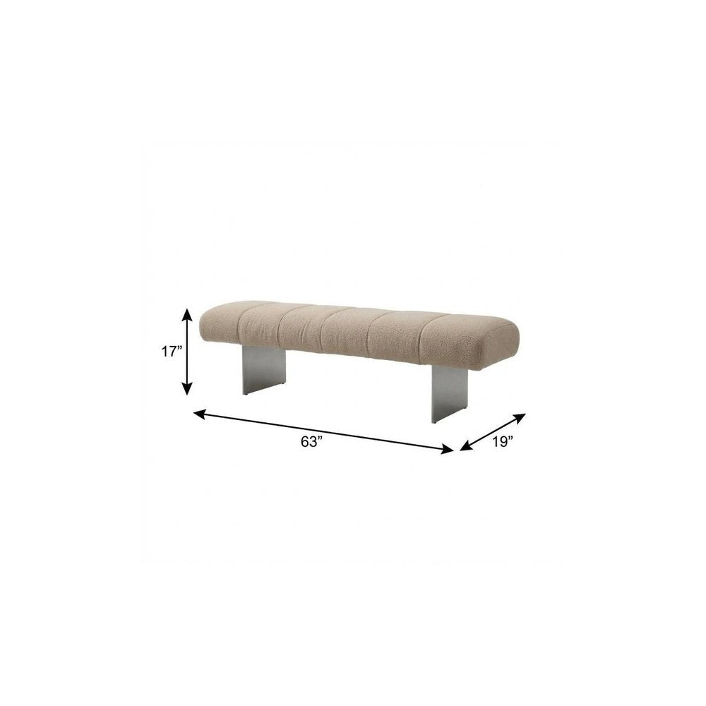 63" Beige and Nickel Boucle and Steel Upholstered Bench HomeRoots
