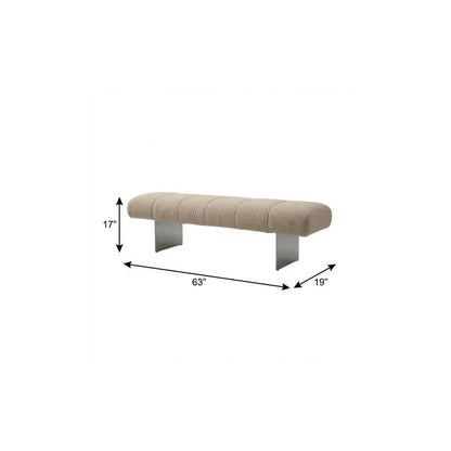 63" Beige and Nickel Boucle and Steel Upholstered Bench HomeRoots