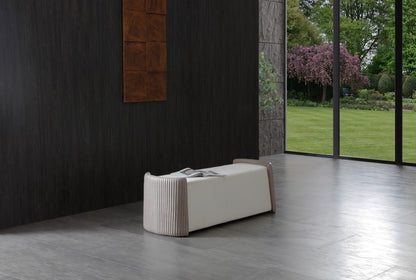 58" Taupe and Light Gray Boucle And Faux Leather Upholstered Bench HomeRoots
