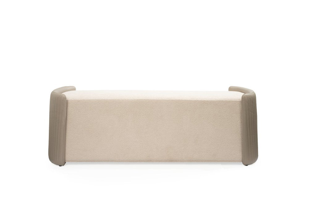 58" Taupe and Light Gray Boucle And Faux Leather Upholstered Bench HomeRoots
