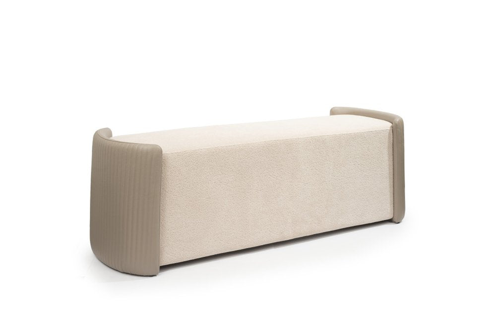 58" Taupe and Light Gray Boucle And Faux Leather Upholstered Bench HomeRoots