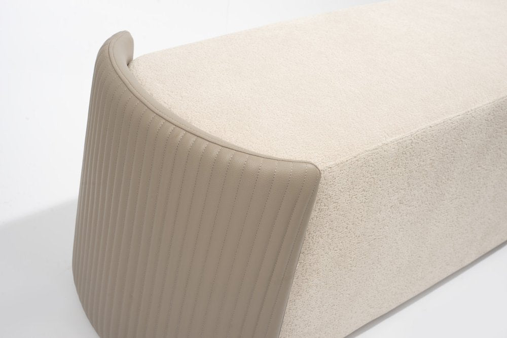 58" Taupe and Light Gray Boucle And Faux Leather Upholstered Bench HomeRoots
